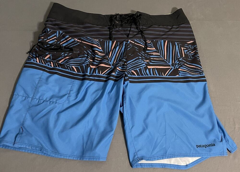 Patagonia Board Shorts Mens 36 Blue Palm Leaf Print Swim Trunks Excellent